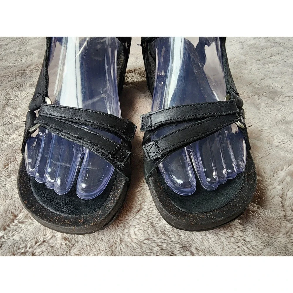 Teva Ysidro Universal Black Leather Cork Wedge Strappy Sandals Womens 7